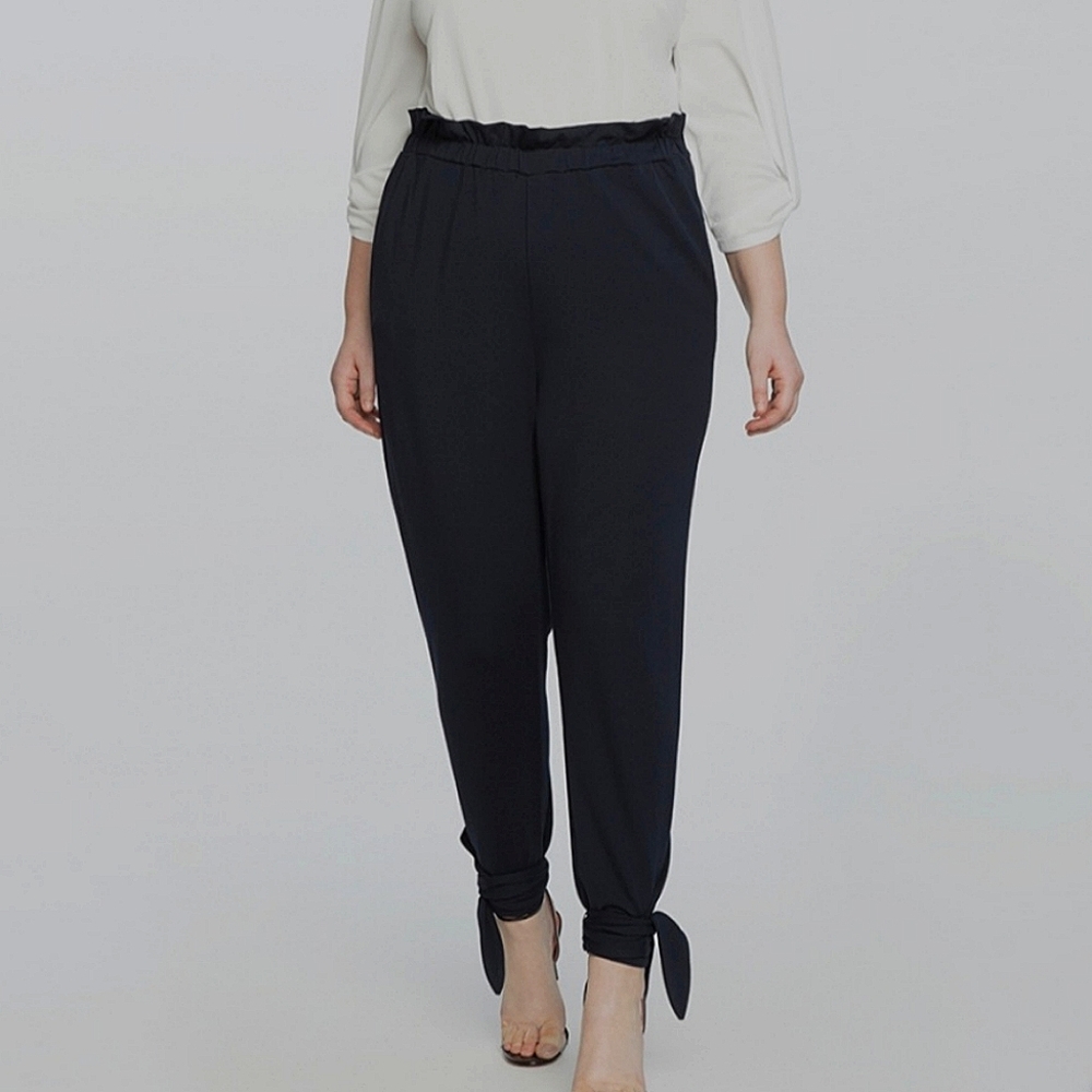 Eloquii Navy Ruffle Waist Pant w Ankle Tie